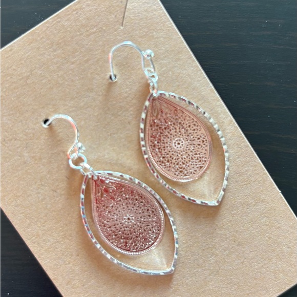 Elegant Silver and Rose Gold Teardrop Earrings - Picture 2 of 2